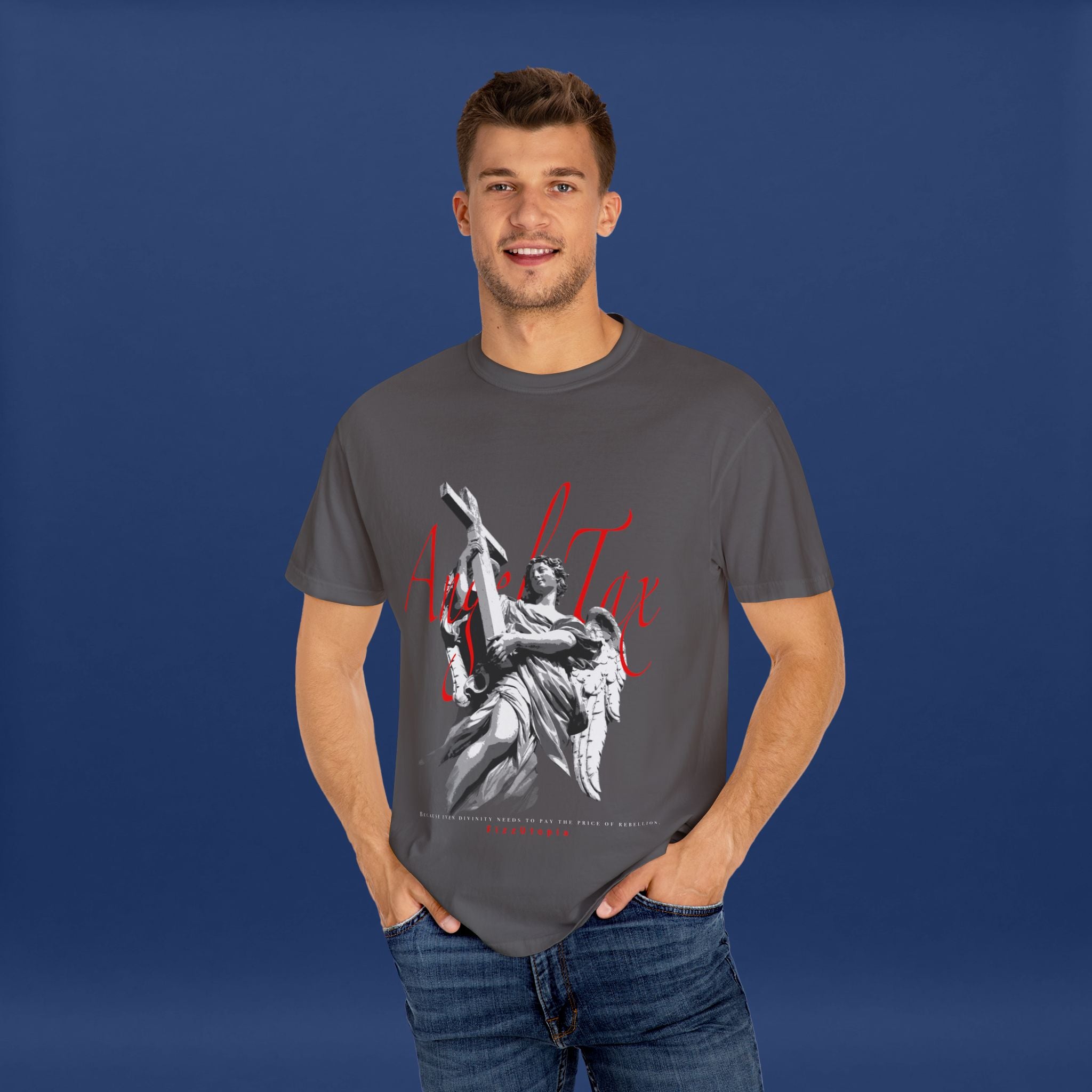 Cross Idol Sculpture Lettering T-Shirt - Summer Short Sleeve Graphic Tee for Men & Women