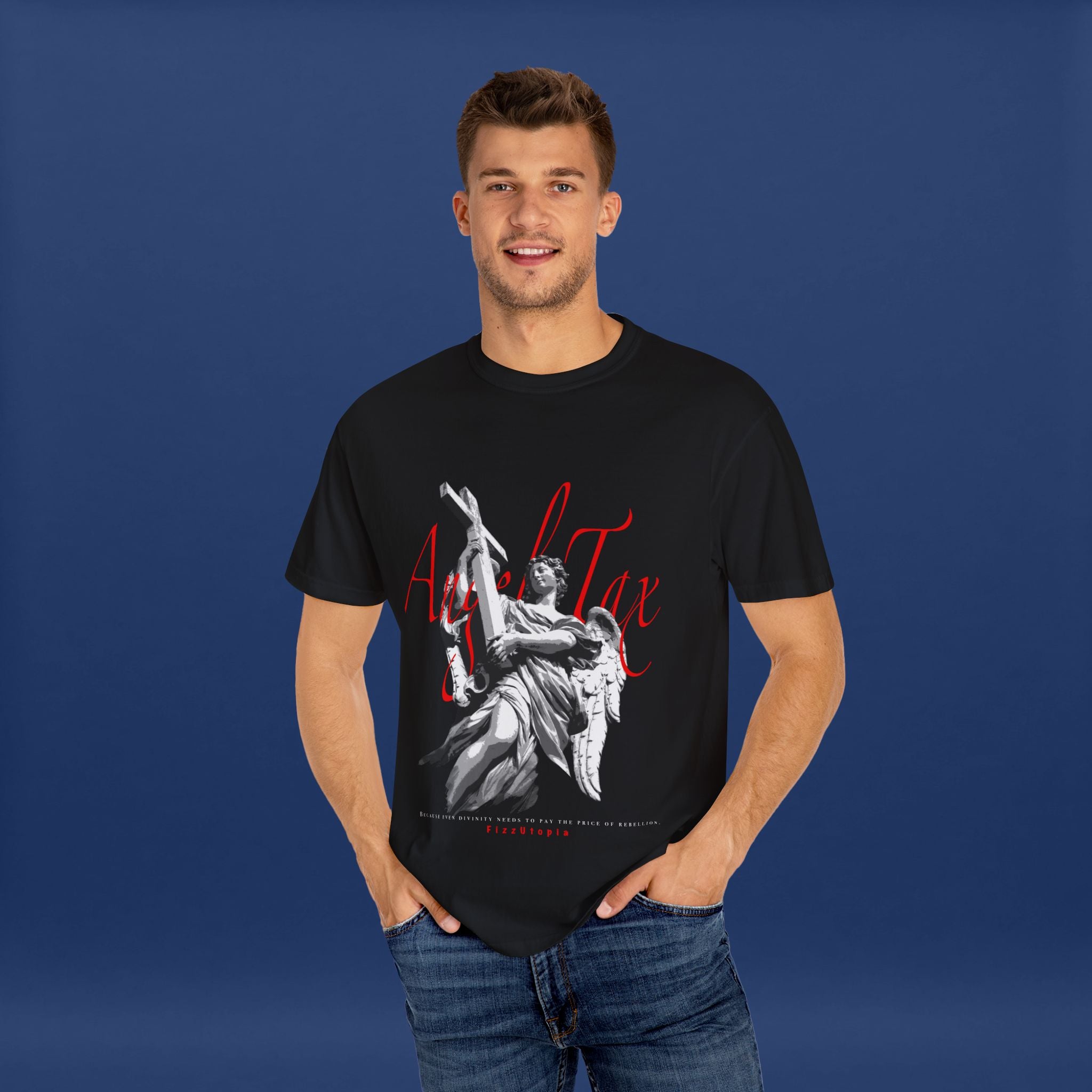 Cross Idol Sculpture Lettering T-Shirt - Summer Short Sleeve Graphic Tee for Men & Women