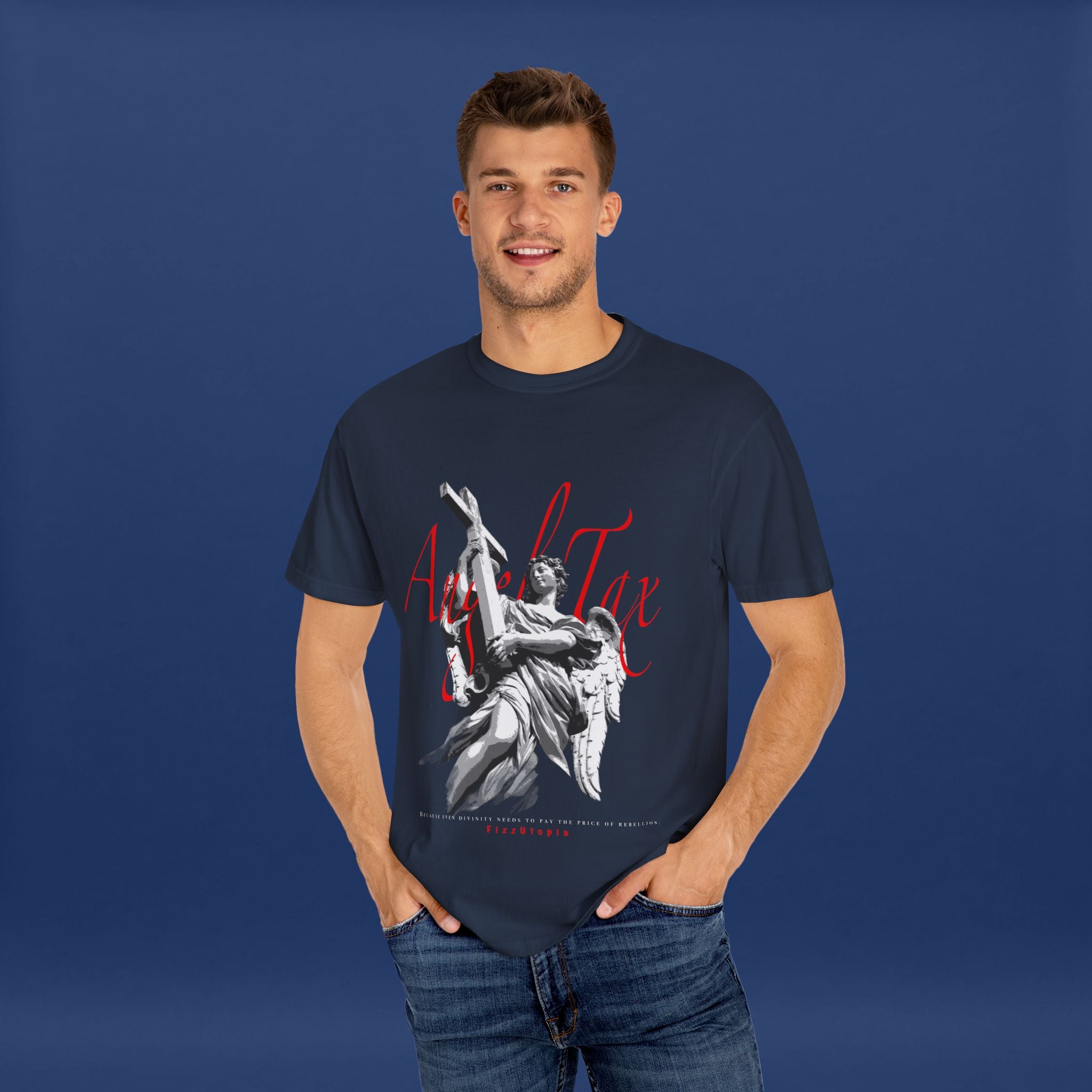Cross Idol Sculpture Lettering T-Shirt - Summer Short Sleeve Graphic Tee for Men & Women