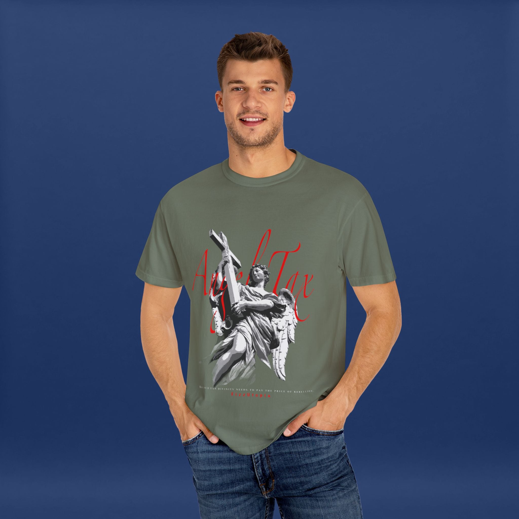 Cross Idol Sculpture Lettering T-Shirt - Summer Short Sleeve Graphic Tee for Men & Women