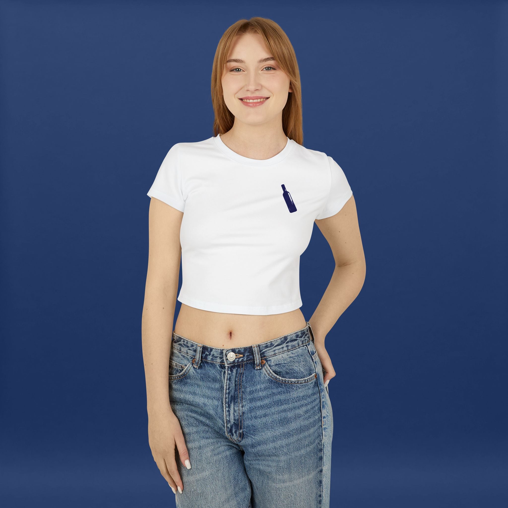 Minimalist Blue Liquor Bottle Chic Women's Baby Tee  -Short Sleeve Graphic Tee