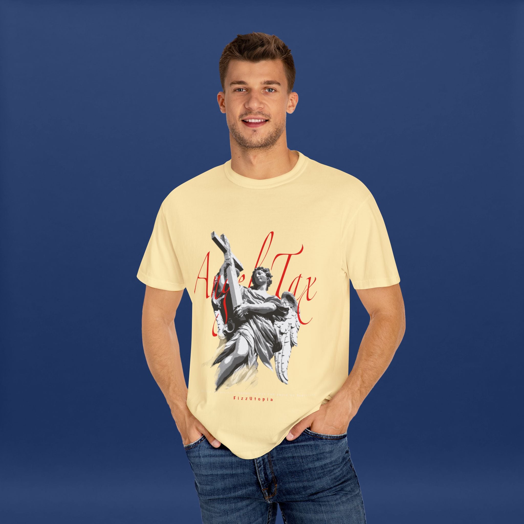 Cross Idol Sculpture Lettering T-Shirt - Summer Short Sleeve Graphic Tee for Men & Women