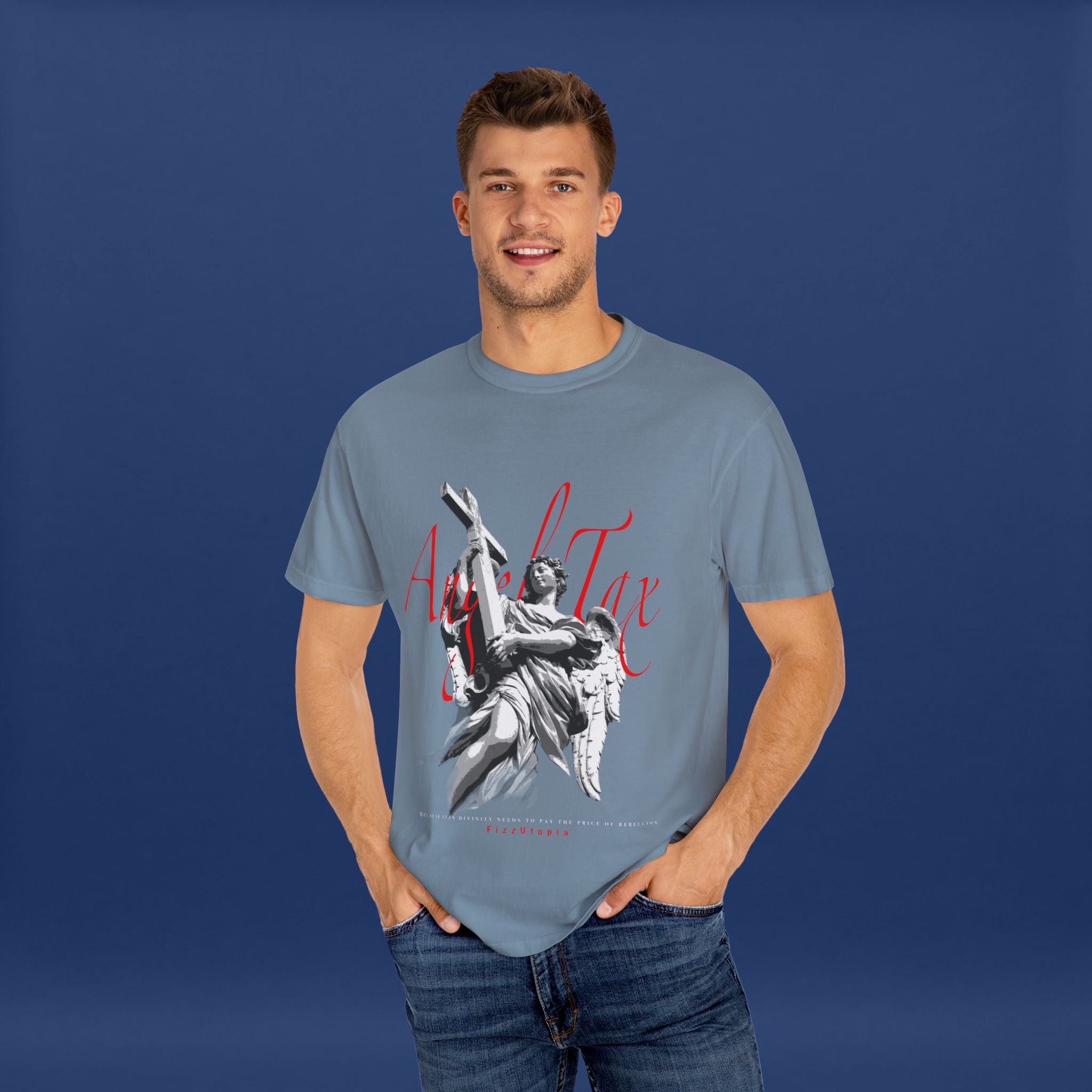 Cross Idol Sculpture Lettering T-Shirt - Summer Short Sleeve Graphic Tee for Men & Women