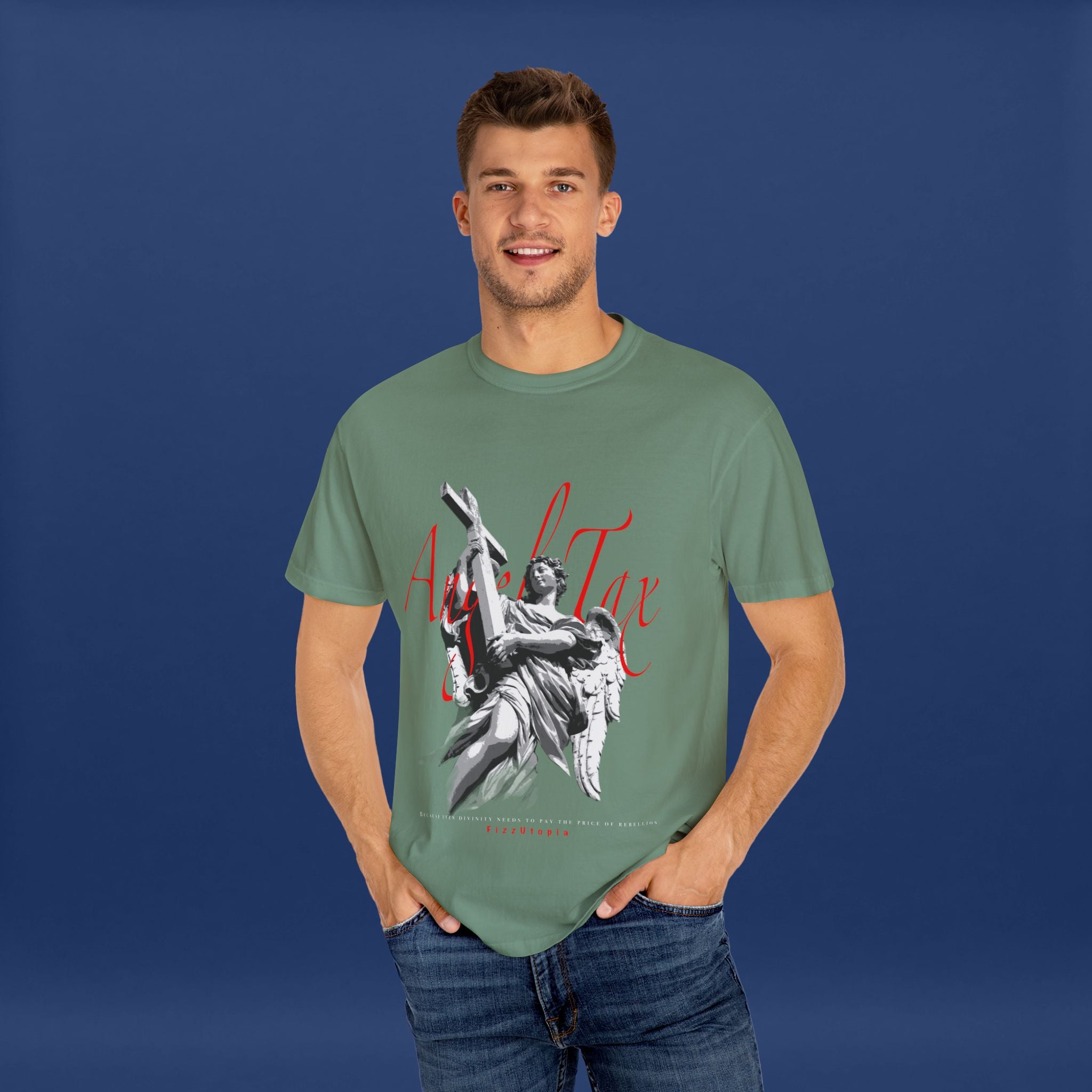 Cross Idol Sculpture Lettering T-Shirt - Summer Short Sleeve Graphic Tee for Men & Women
