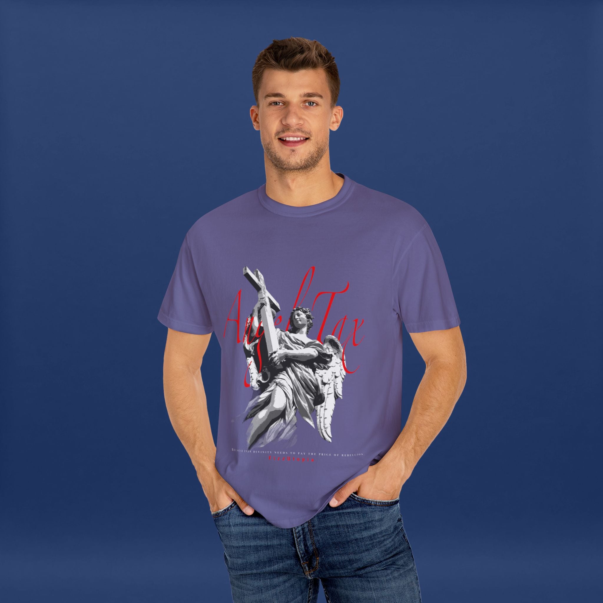 Cross Idol Sculpture Lettering T-Shirt - Summer Short Sleeve Graphic Tee for Men & Women