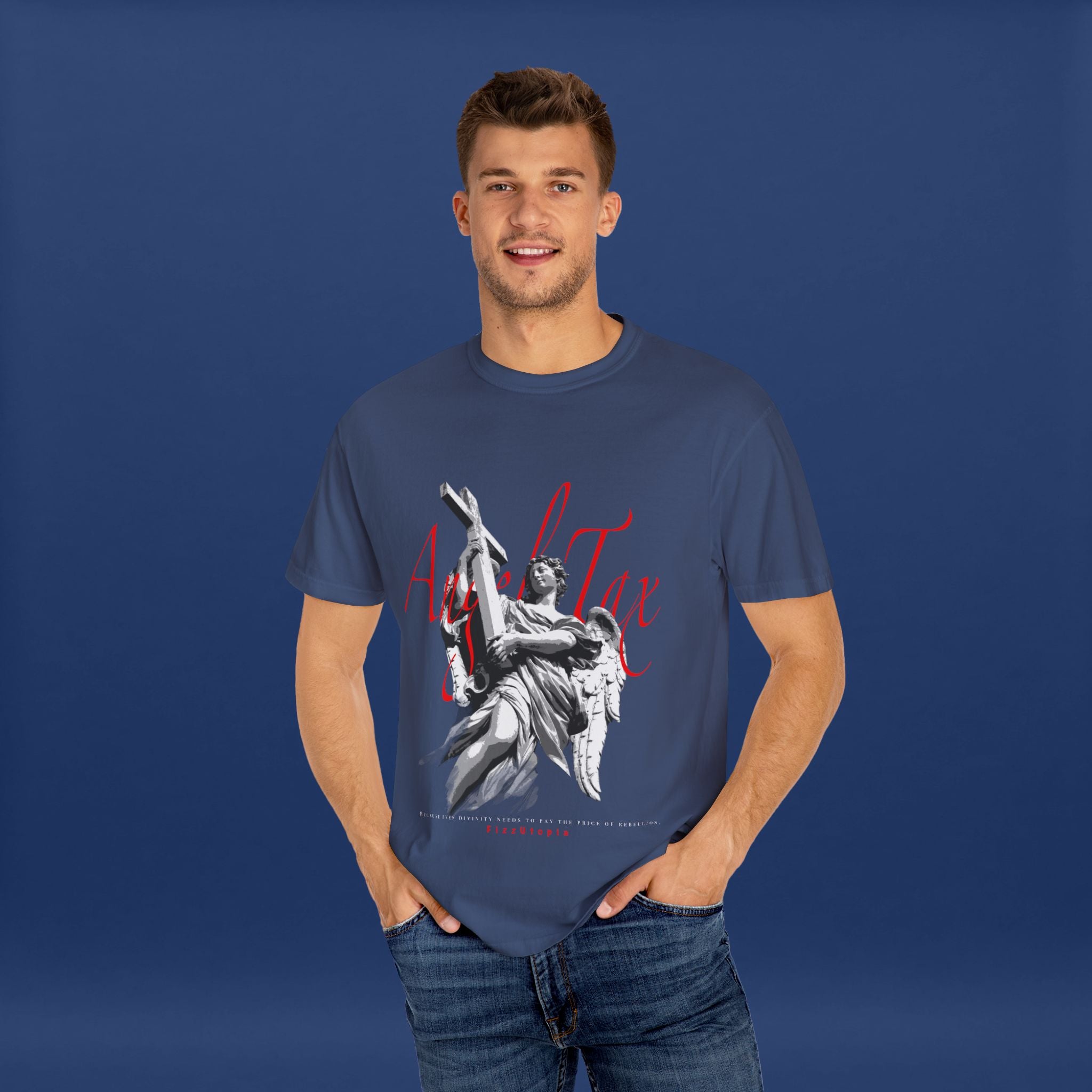 Cross Idol Sculpture Lettering T-Shirt - Summer Short Sleeve Graphic Tee for Men & Women
