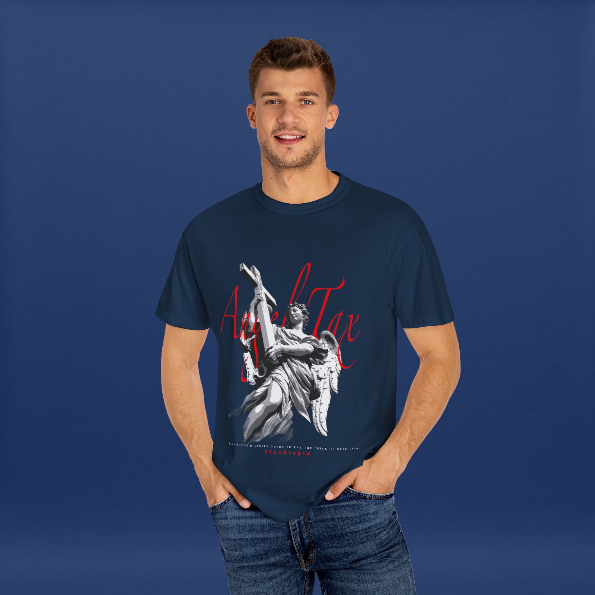 Cross Idol Sculpture Lettering T-Shirt - Summer Short Sleeve Graphic Tee for Men & Women