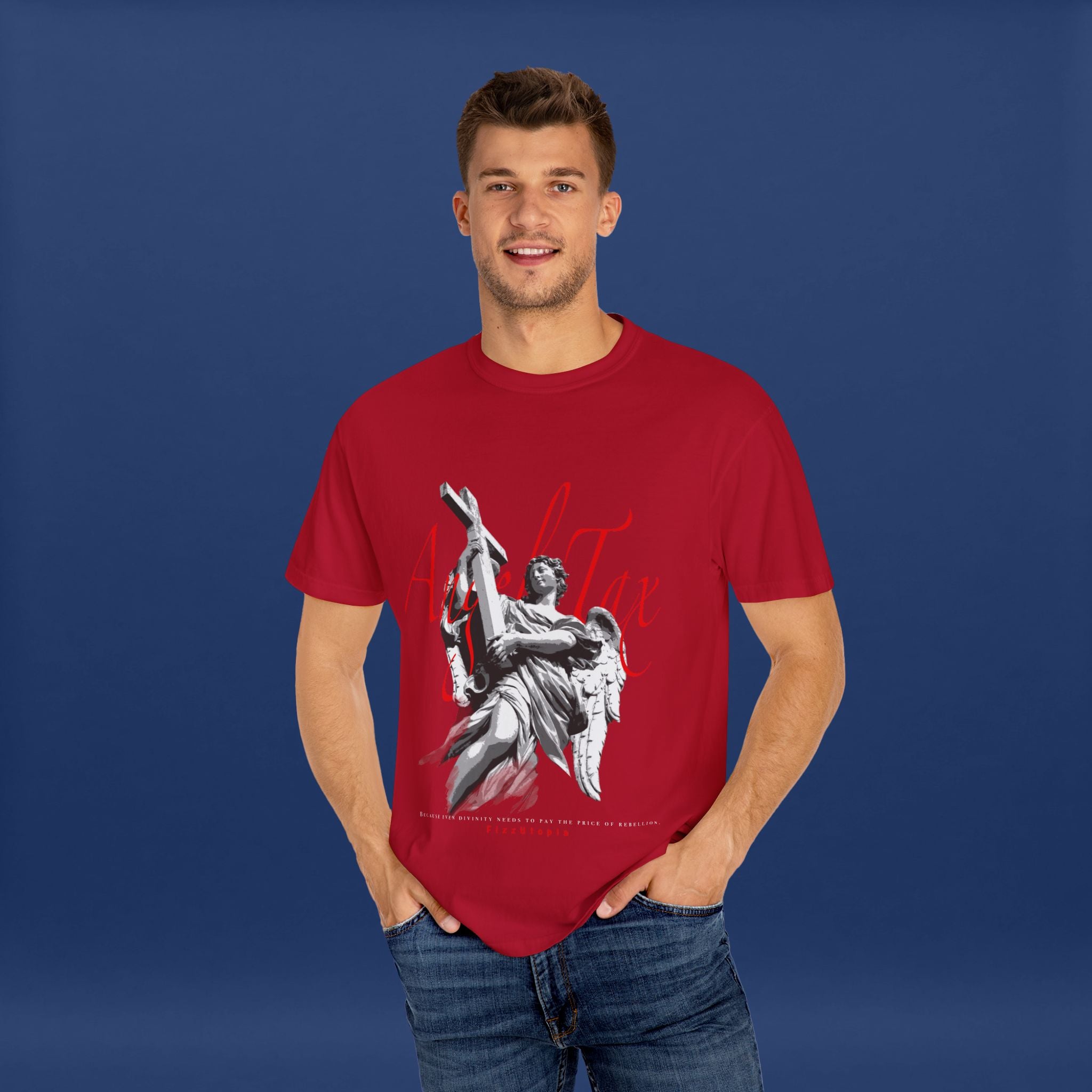 Cross Idol Sculpture Lettering T-Shirt - Summer Short Sleeve Graphic Tee for Men & Women