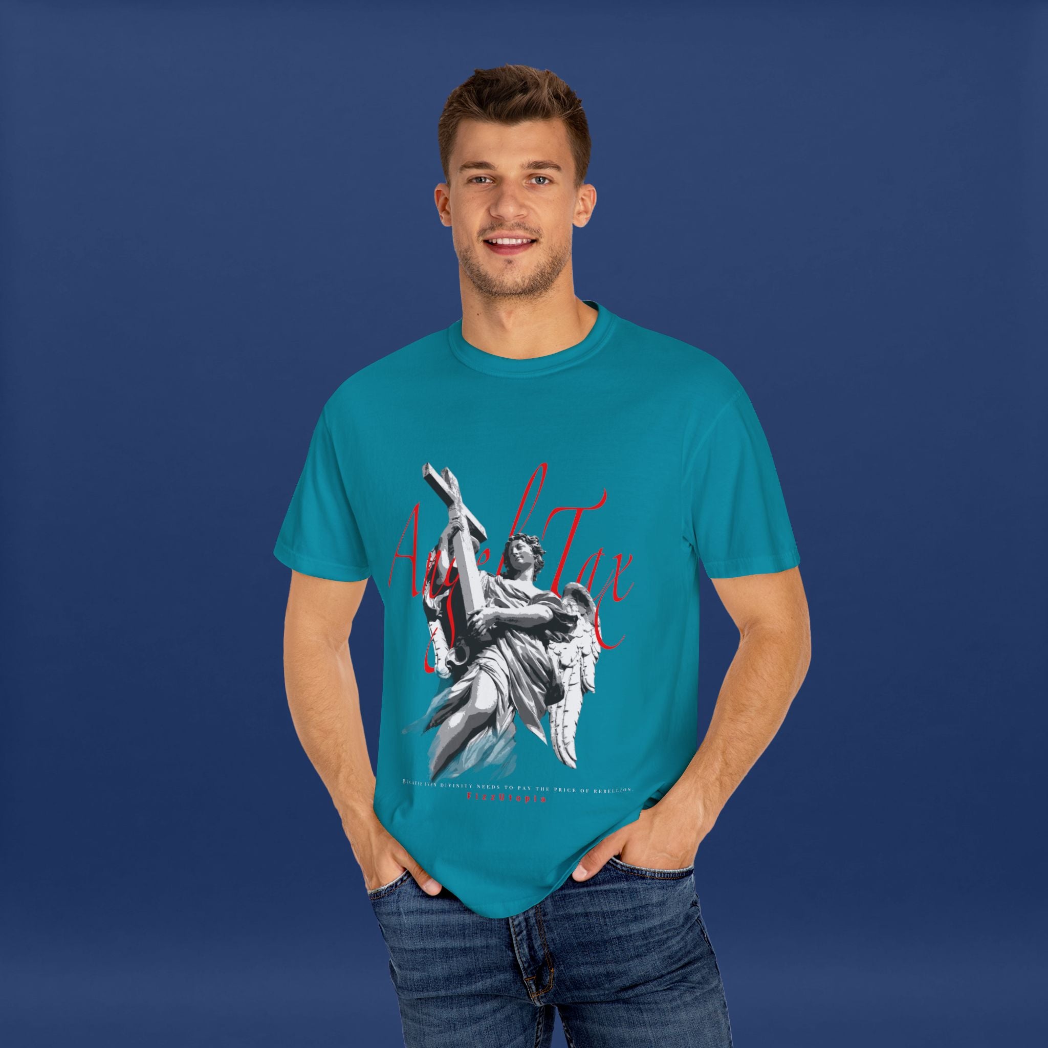 Cross Idol Sculpture Lettering T-Shirt - Summer Short Sleeve Graphic Tee for Men & Women