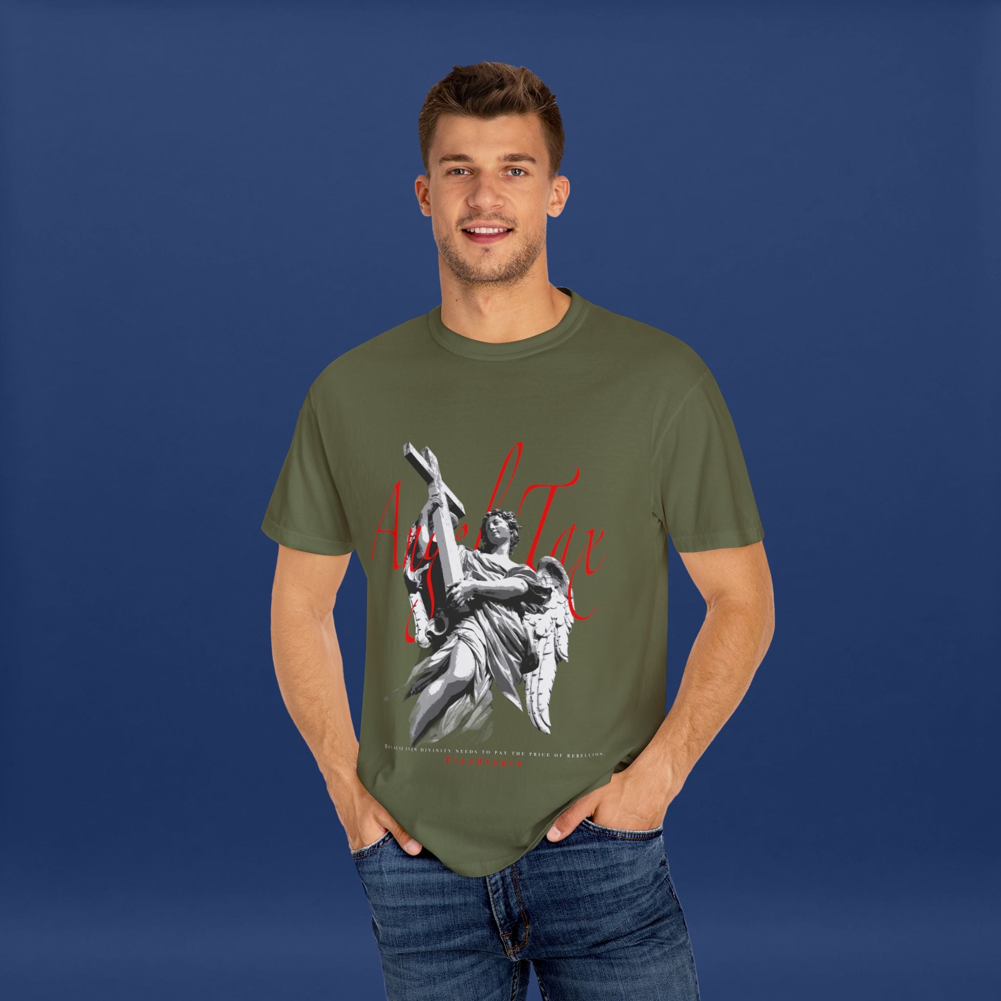 Cross Idol Sculpture Lettering T-Shirt - Summer Short Sleeve Graphic Tee for Men & Women