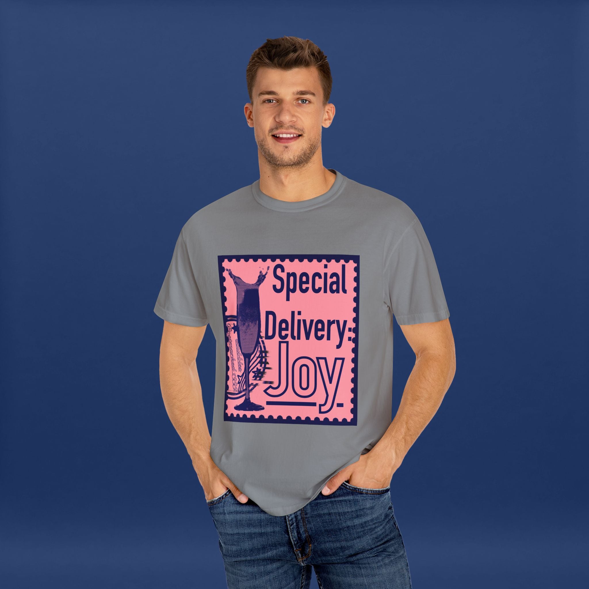 Happy Champagne Stamp- Summer Short Sleeve Graphic Tee for Men & Women