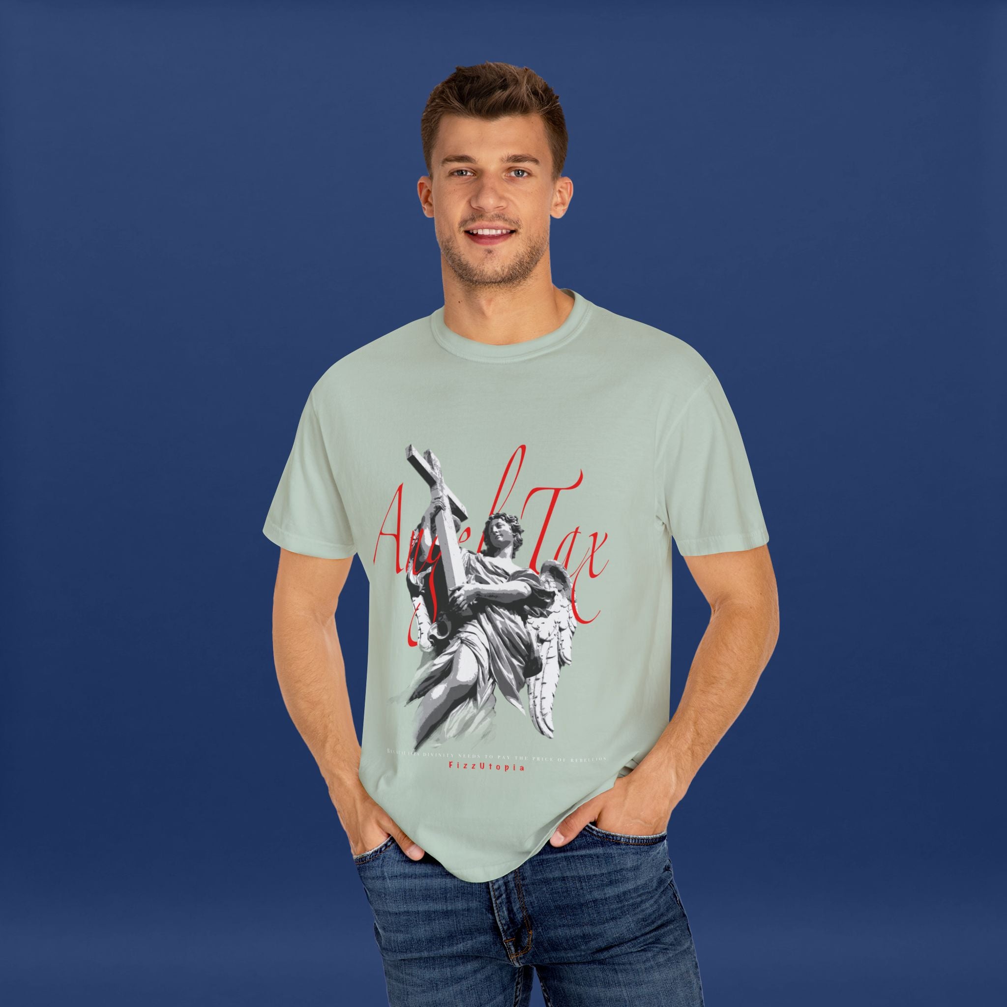 Cross Idol Sculpture Lettering T-Shirt - Summer Short Sleeve Graphic Tee for Men & Women