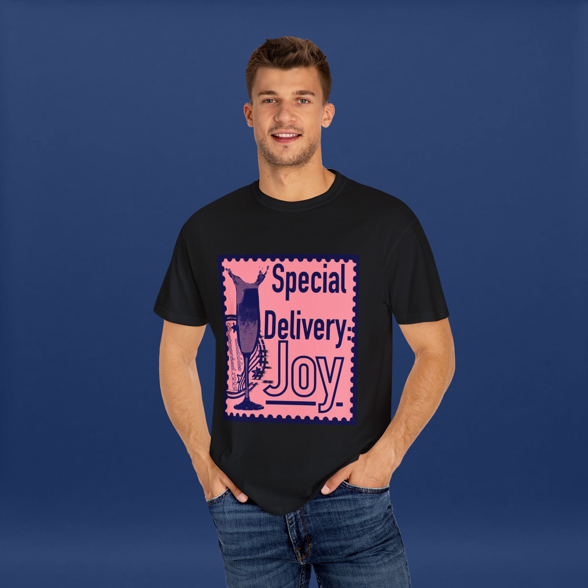 Happy Champagne Stamp- Summer Short Sleeve Graphic Tee for Men & Women