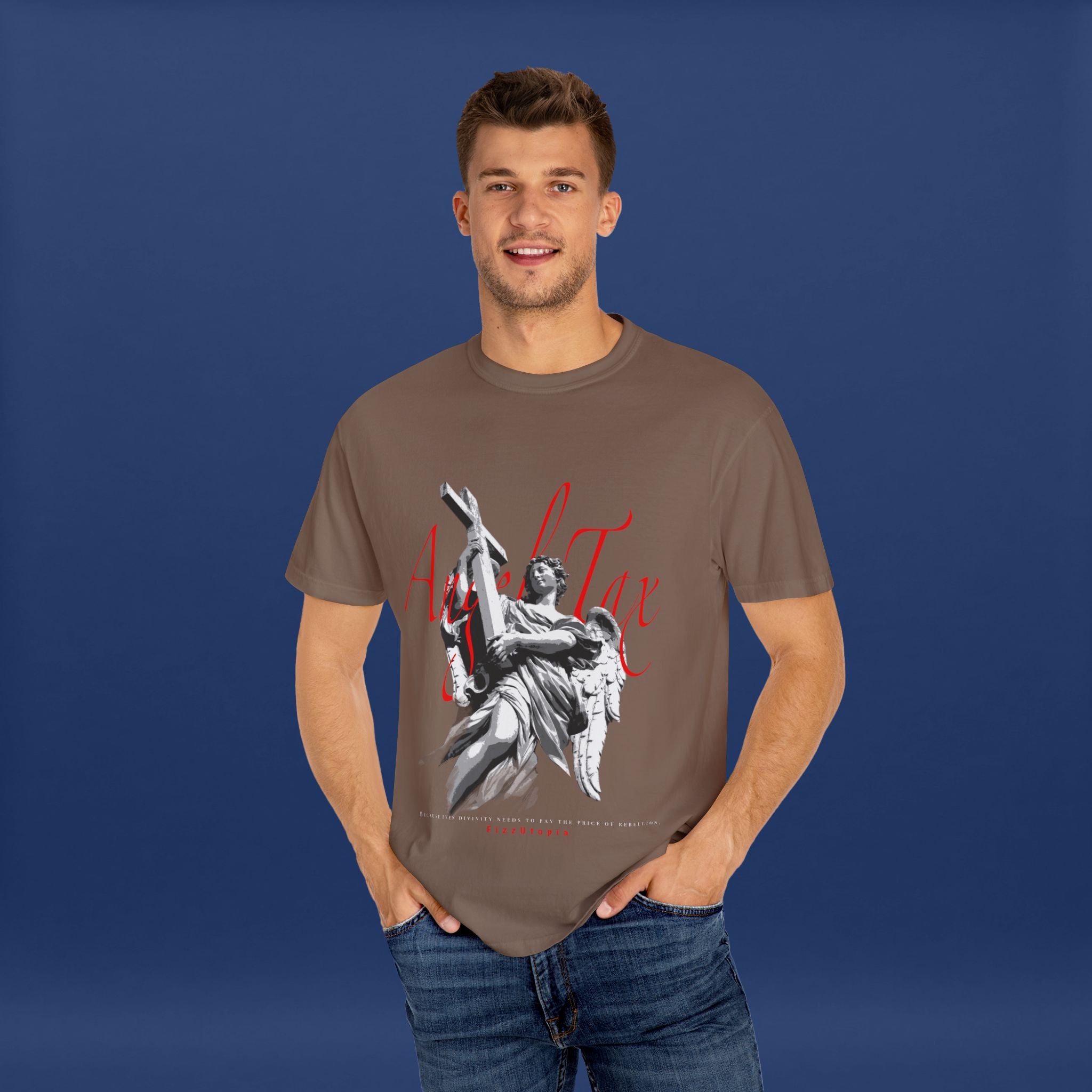 Cross Idol Sculpture Lettering T-Shirt - Summer Short Sleeve Graphic Tee for Men & Women