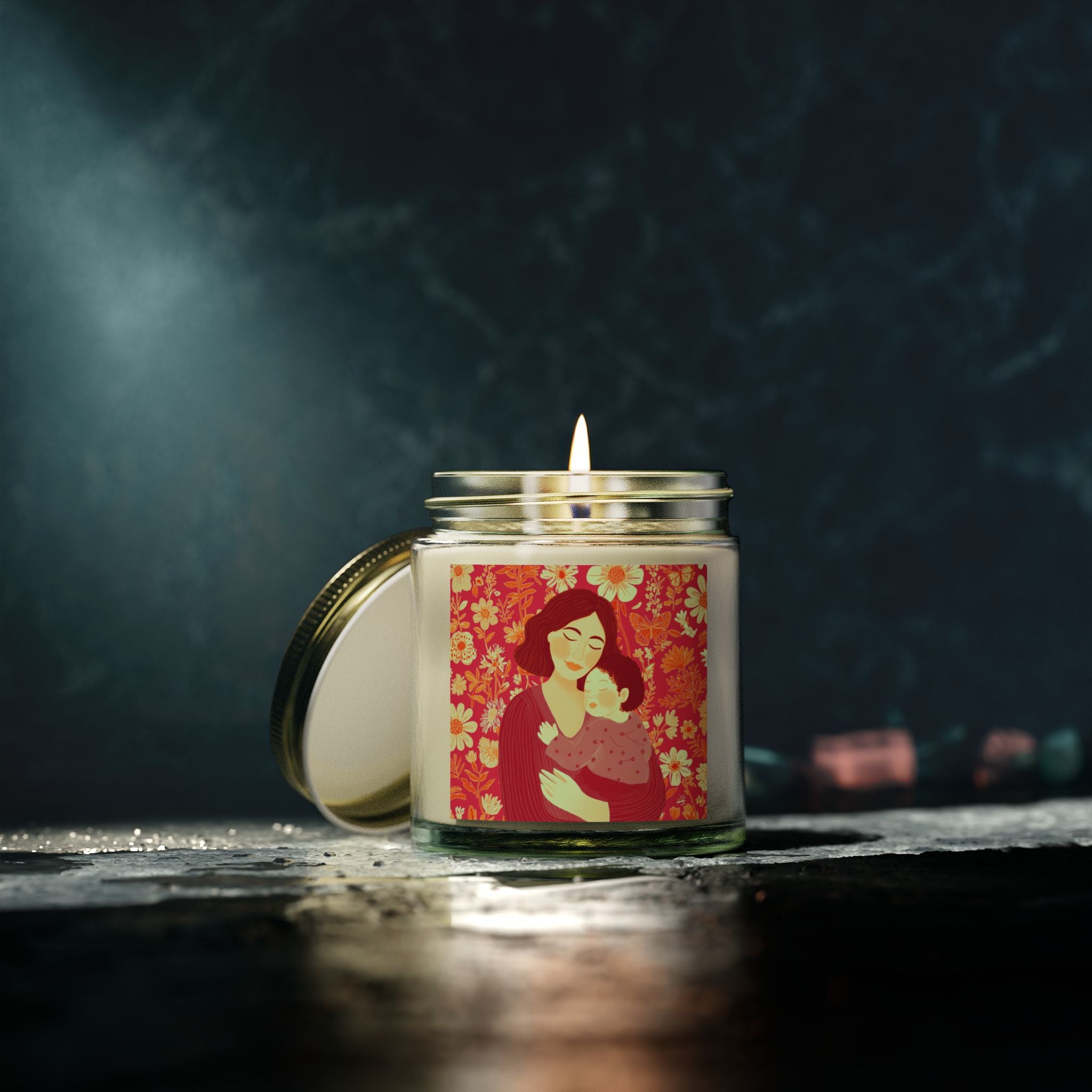 Scented Candle - Coconut Apricot Wax, Floral Mother's Love Design