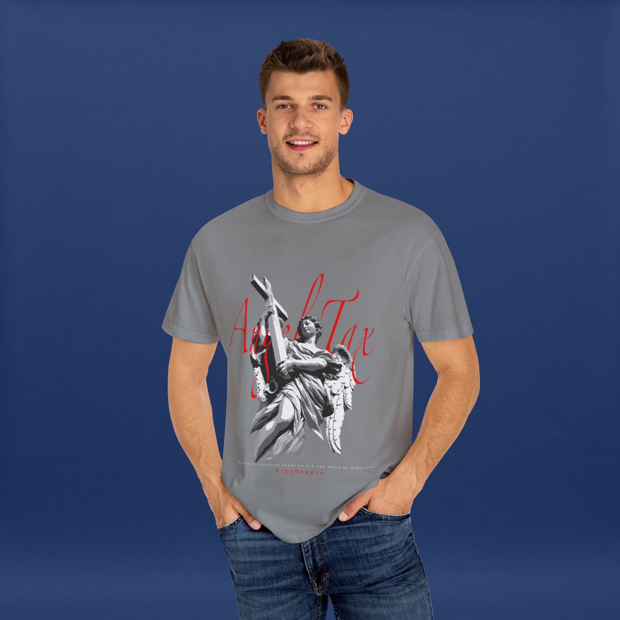 Cross Idol Sculpture Lettering T-Shirt - Summer Short Sleeve Graphic Tee for Men & Women