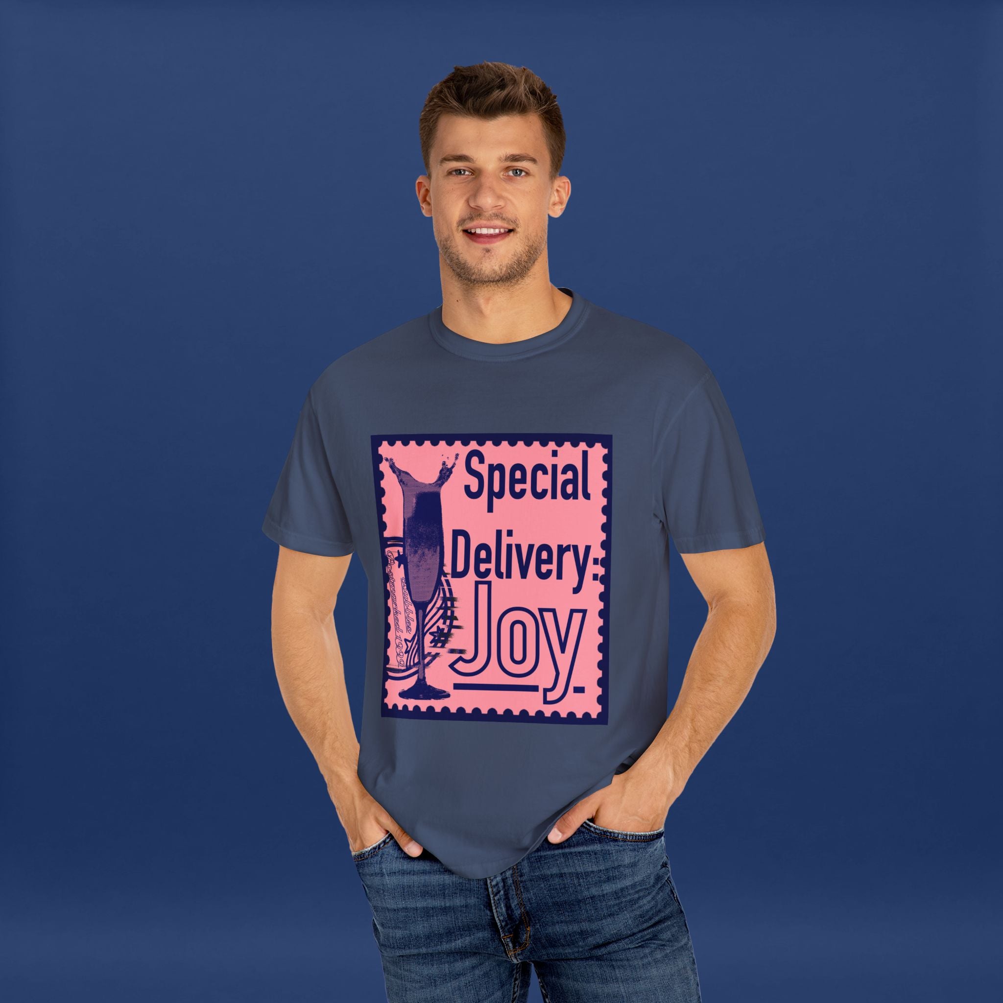 Happy Champagne Stamp- Summer Short Sleeve Graphic Tee for Men & Women