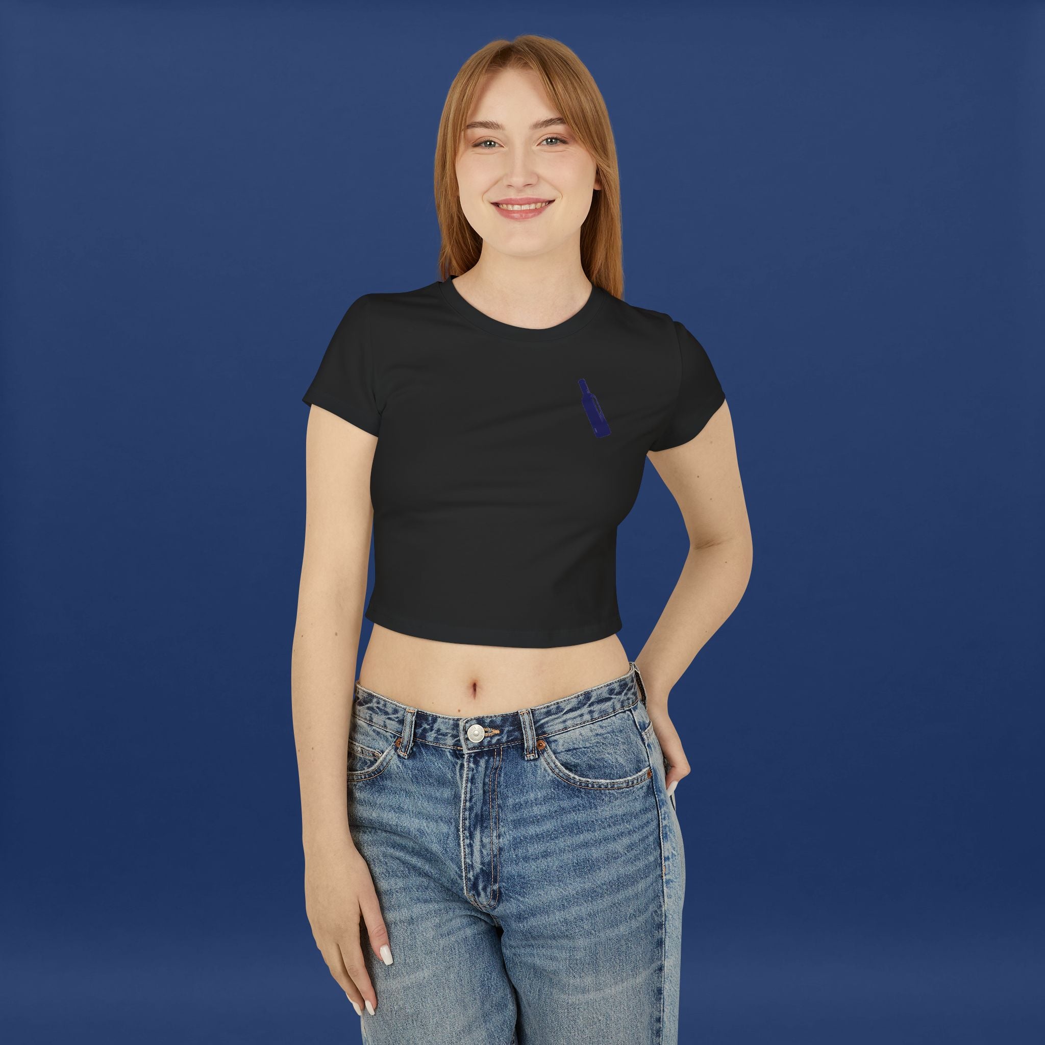 Minimalist Blue Liquor Bottle Chic Women's Baby Tee  -Short Sleeve Graphic Tee