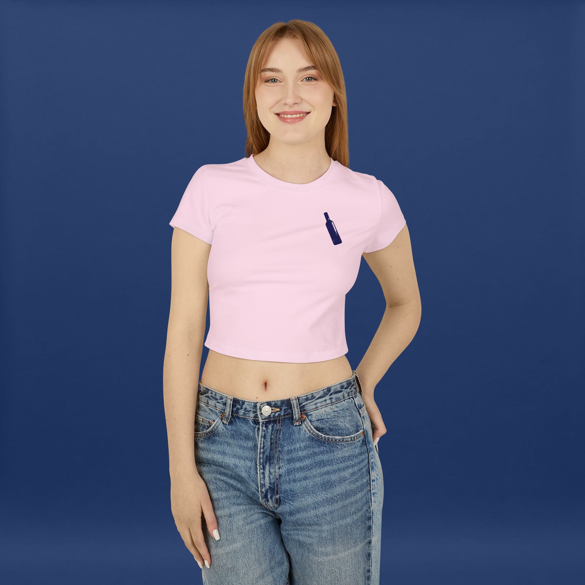 Minimalist Blue Liquor Bottle Chic Women's Baby Tee  -Short Sleeve Graphic Tee