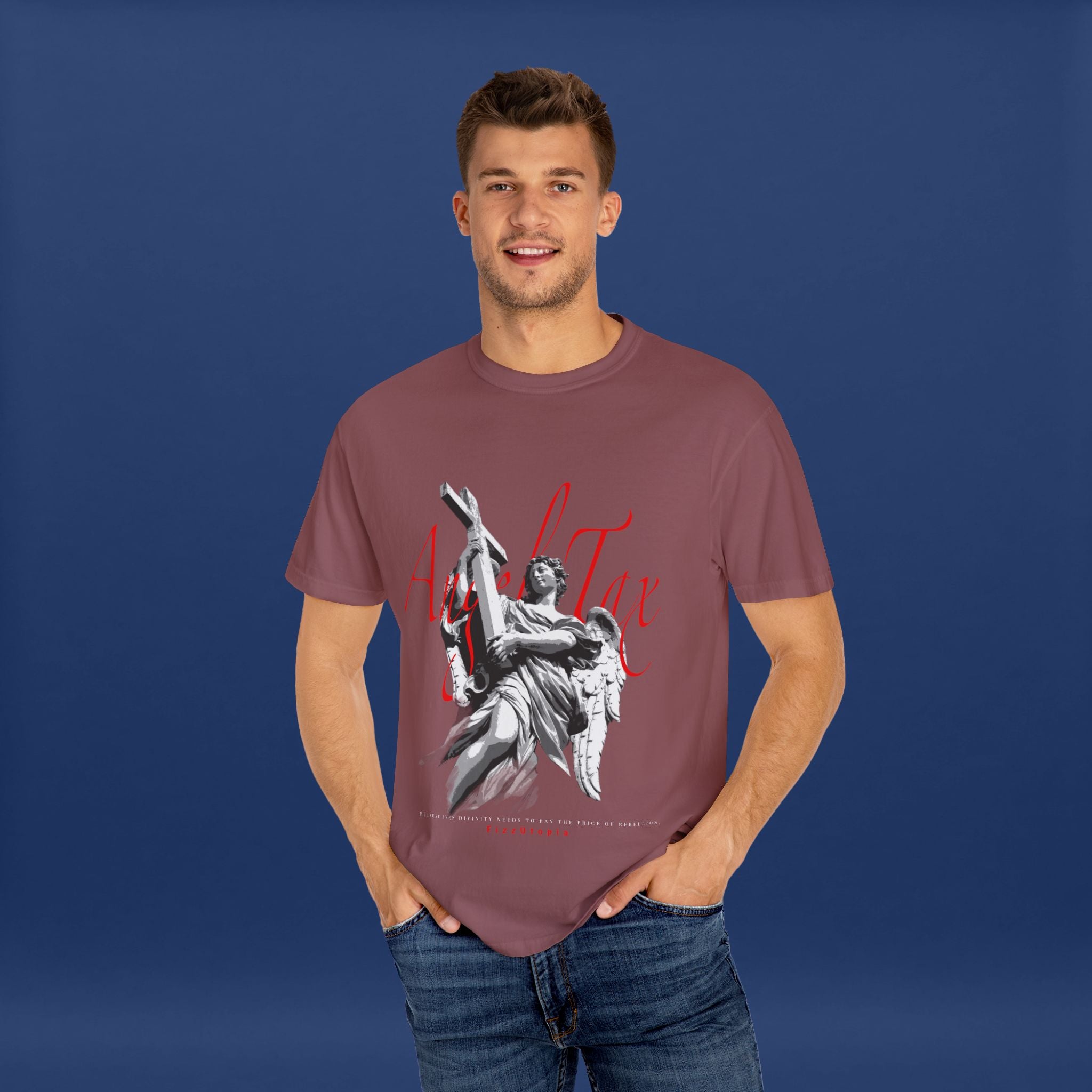 Cross Idol Sculpture Lettering T-Shirt - Summer Short Sleeve Graphic Tee for Men & Women